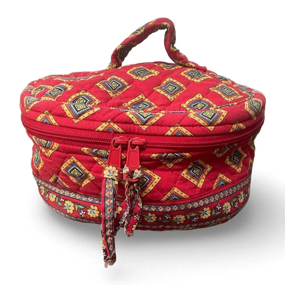 Vera Bradley Round Train Case Villa Red Quilted Cotton Makeup Cosmetic Bag VTG